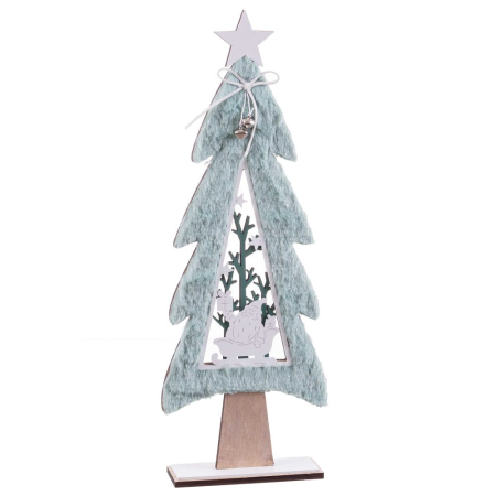 Obiecte decorative - Brăduț decorativ din lemn cu margini pufoase verde mentă stea argintie și decupaj cu scenă de iarnă