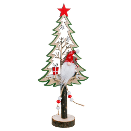 Obiecte decorative - Brăduț decorativ din lemn cu stea roșie spiriduș pufos cu căciulă roșie cadou și bază din buștean