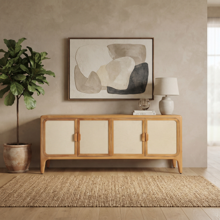 Comode si Bufete in Stil Scandinav - Bufet din lemn de mango cu bambus și 4 uși Lattes
