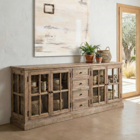 Comode si Bufete - Bufet din lemn de pin reciclat cu vitrine generoase din sticlă