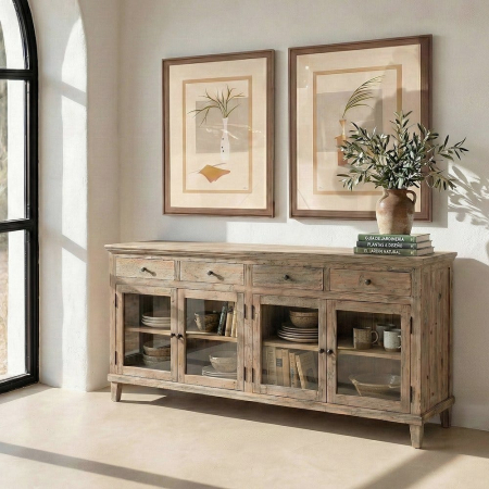 Bufet din lemn de pin reciclat cu vitrine din sticlă și sertare