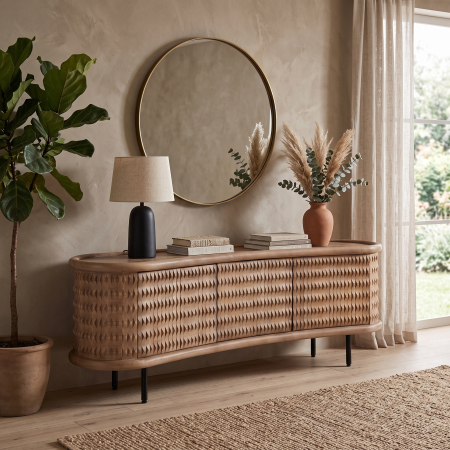Comode si Bufete in Stil Rustic - bufet din lemn mango cu front sculptat si picioare metal negru decorativ