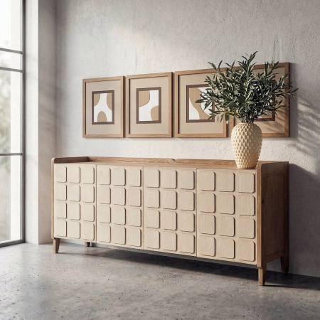 Comode si Bufete in Stil Rustic - Bufet din lemn reciclat crem cu model geometric si cadru maro deschis 180x45x78 cm