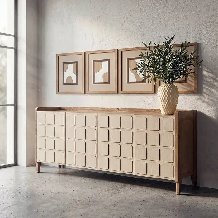 Comode si Bufete - Bufet din lemn reciclat crem cu model geometric si cadru maro deschis 180x45x78 cm