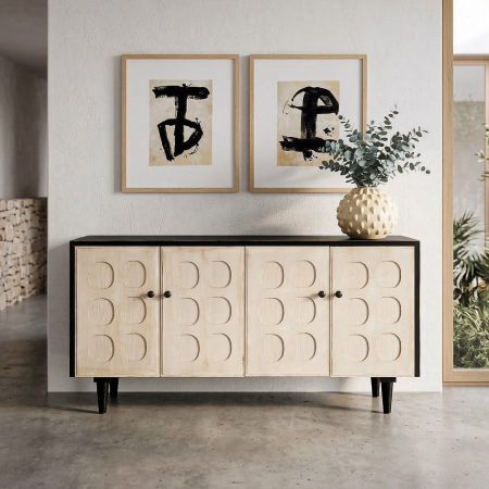 Comode si Bufete - Bufet din lemn reciclat crem cu model geometric si corp negru 160x45x80 cm