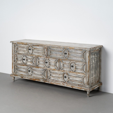 Comode si Bufete - Bufet din lemn reciclat gri antichizat cu 9 sertare si model geometric 180x45x80 cm