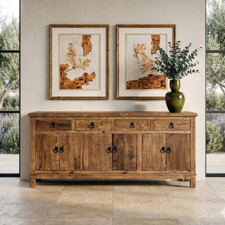 Comode si Bufete in Stil Artizanal - Bufet din lemn reciclat maro cu 4 sertare si 6 usi 190x50x80 cm