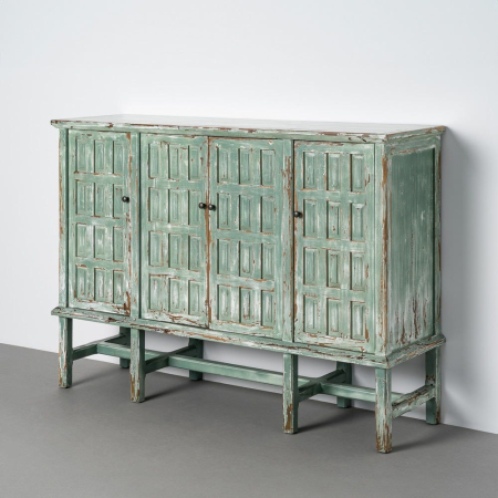 Comode si Bufete - Bufet din lemn reciclat verde antichizat cu patru usi si panouri decorative in relief 160x46x112 cm