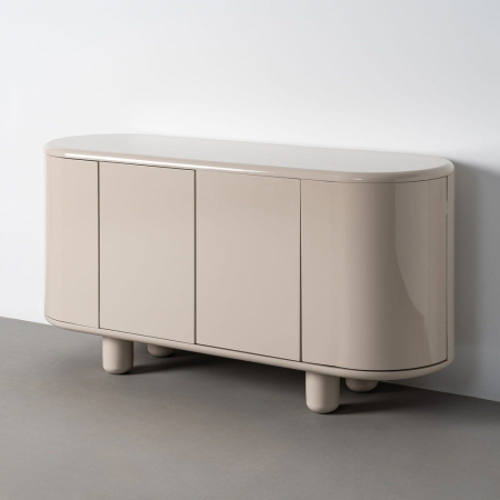 Minimalist - Bufet din MDF lăcuit bej-grej lucios cu patru uși și capete rotunjite pe picioare cilindrice