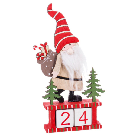 Obiecte decorative - Calendar cu cuburi din lemn cu cifre roșii Moș cu căciulă roșie sac de daruri și doi brazi