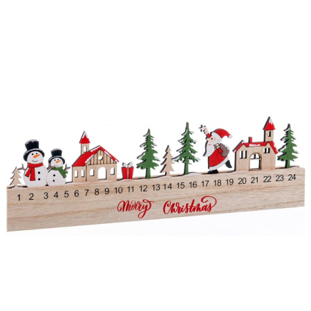 Craciun - Calendar de advent din lemn cu numere de la 1 la 24 și sat de iarnă pictat