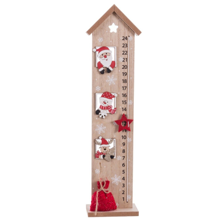 Craciun - Calendar de advent din lemn în formă de turn cu ferestre cu Moș om de zăpadă și ren