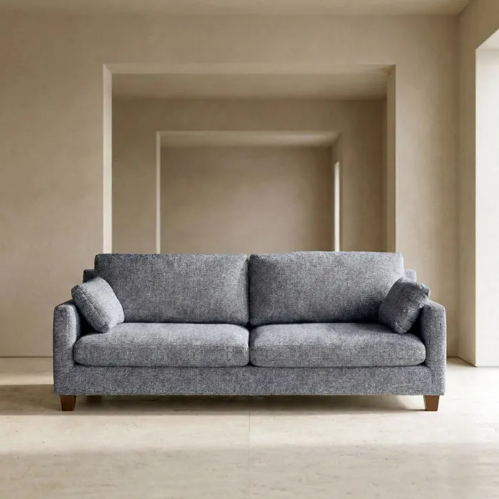 Canapele - Canapea 3 locuri albastru din stofă cu picioare din lemn