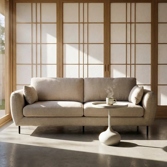 Canapele - Canapea 3 locuri crem din stofă cu picioare metalice subțiri