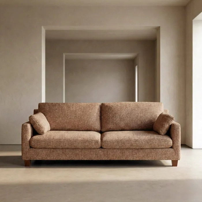 Canapea 3 locuri ocru din stofă cu picioare din lemn