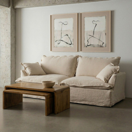 Canapele - Canapea bej cu 3 locuri tapitată din stofă naturală