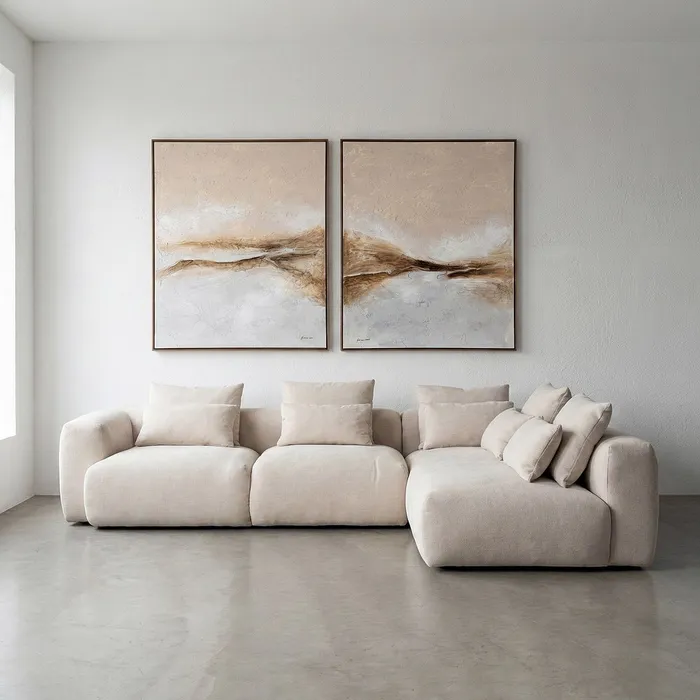 Mobilier - Canapea colțar bej din stofă cu șezlong stânga și perne voluminoase