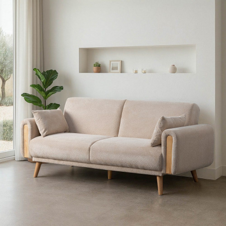 Canapele - Canapea extensibilă crem din stofă cu design modern