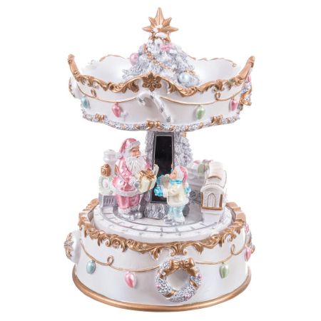 Scandinav - Carusel alb și auriu din rășină cu figurine pastel care se rotesc și melodie de Crăciun