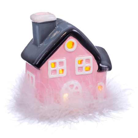 Scandinav - Căsuță din ceramică cu lumină roz cu acoperiș gri închis și bază din pene albe pentru bufet