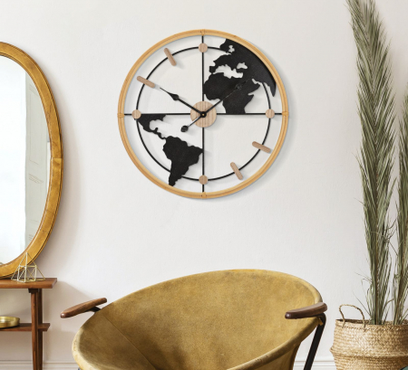 Ceas de perete World, fier/MDF, negru/natural [1]