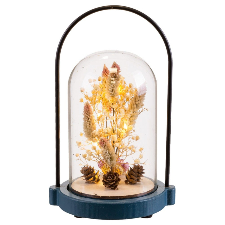 Scandinav - Clopot de sticlă cu lumină cu flori uscate și conuri de pin pe soclu albastru cu temporizator