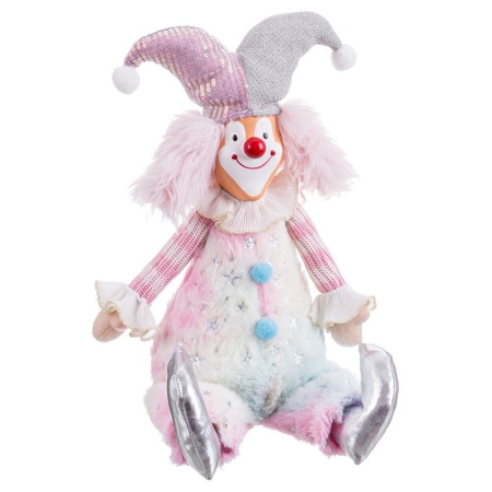 Craciun - Clovn mare șezând cu steluțe argintii pe corp alb păr roz și cizme argintii pentru decor