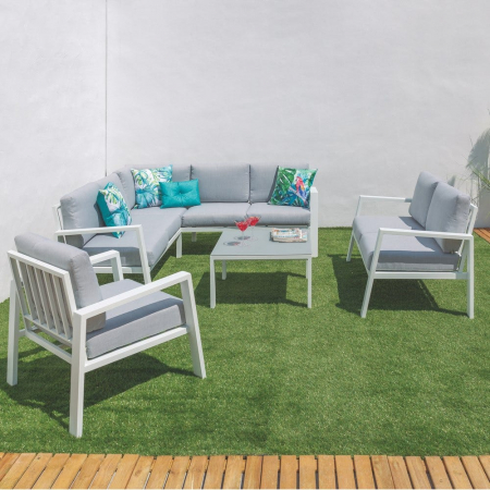 Colțar THAIS alb – aluminiu mat, perne impermeabile gri, design mediteranean [5]