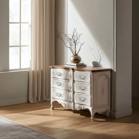 Comode si Bufete in Stil Provensal - Comoda alba din lemn de mindi cu decor floral sculptat