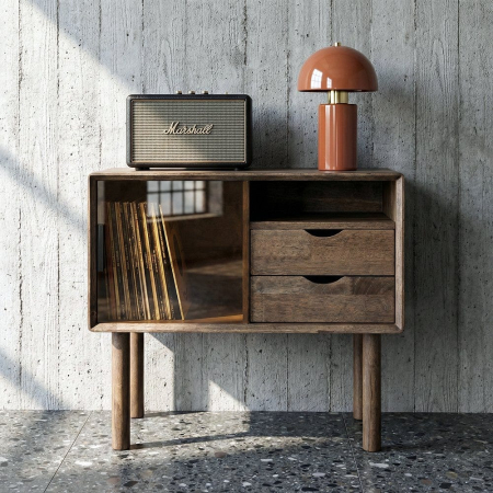 Comode si Bufete - Comoda din lemn maro cu sertare si usa din sticla