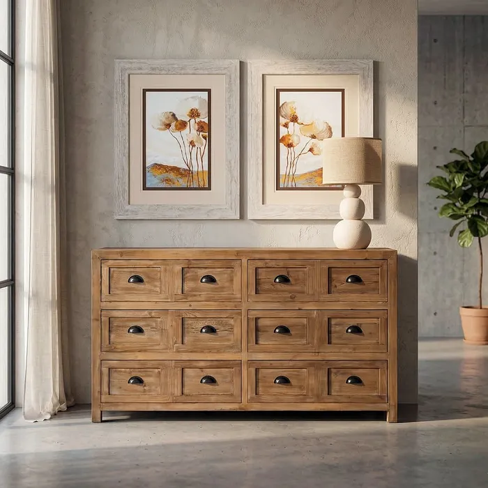 Comode si Bufete - Comodă din lemn reciclat maro cu 12 sertare si manere metalice negre 160x40x90 cm