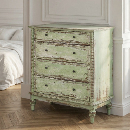 Shabby Chic - Comodă din lemn reciclat verde antichizat cu 4 sertare 95x45x103 cm