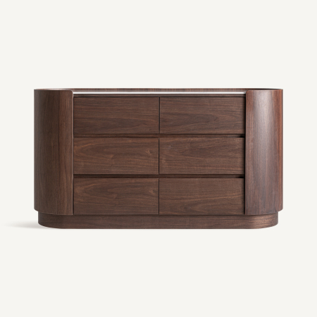 Stil de design - Comodă ovală cu șase sertare maro închis și blat de piatră albă în chenar de lemn