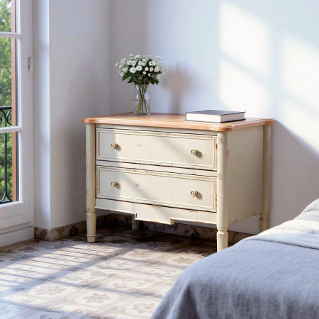 Comode si BufetelColectia noua - Comodă shabby chic crem mică cu blat natur și 2 sertare