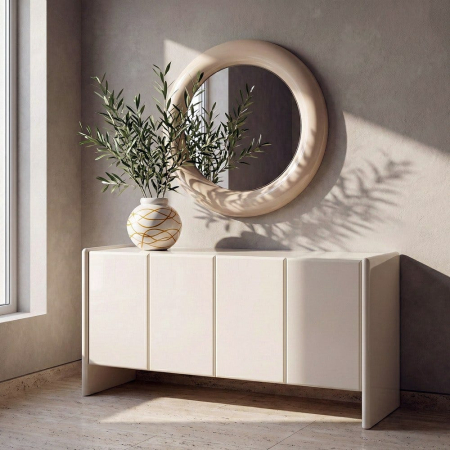 Comode si Bufete - Comoda tip bufet arhitecturala din MDF lacuit crem cu blat din marmura