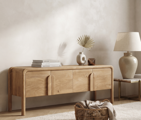 Comode TV in Stil Japandi - Comodă TV cu 4 uși din lemn de mango bej cu margini rotunjite