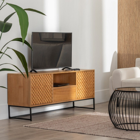 Comodă TV din lemn cu front texturat – nișă centrală și sertar [1]