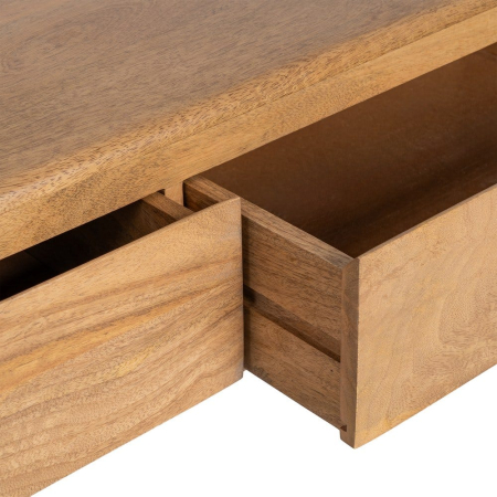 Comoda TV din lemn de mango cu trei sertare – imagine frontală, profil jos, picioare conice, fronturi line. [3]