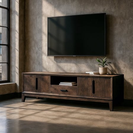Comode TV - Comodă TV din lemn de mango maro Kilian – imagine frontală, uși laterale, sertar central, mânere negre.