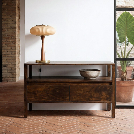 Comode TV in Stil Minimalist - comoda tv din lemn mango maro doua sertare si raft deschis design simplu