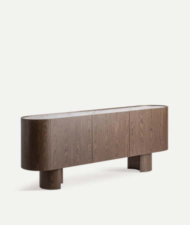 Comodă TV din lemn maro cu 3 uși, design japandi