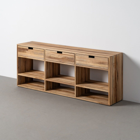 Comode TV in Stil Scandinav - Comodă TV din lemn reciclat de tec maro cu 3 sertare si 6 compartimente 140x30x55 cm