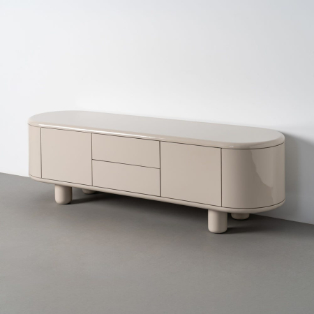 Minimalist - Comodă TV din MDF lăcuit bej-grej lucios cu două uși două sertare și patru picioare cilindrice