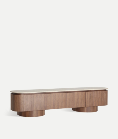 Comode TV - Comodă TV joasă din MDF maro cu 4 uși și blat din marmură sintetică Dune