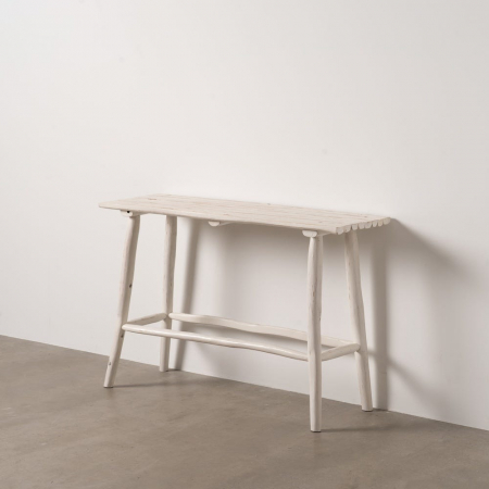 Console - Consolă rustică din tec sculptat manual – alb antichizat, stil japandi-boho