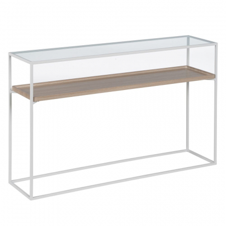 Consolă albă cu blat lemn și raft din sticlă – design modern aerisit [2]