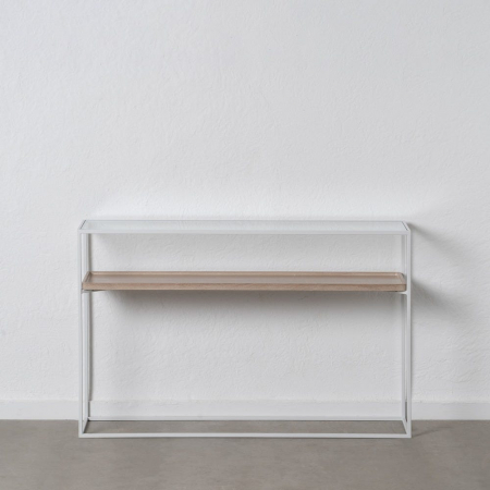 Console - Consolă albă cu blat lemn și raft din sticlă – design modern aerisit