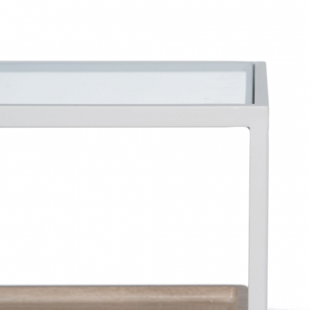 Consolă albă cu blat lemn și raft din sticlă – design modern aerisit [6]
