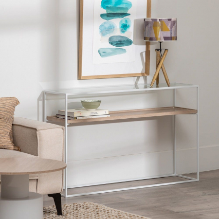 Consolă albă cu blat lemn și raft din sticlă – design modern aerisit [1]