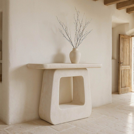Colectia noua - Consolă albă din MDF cu formă sculpturală Wilma – vedere frontală, bază decupată, blat subțire.
